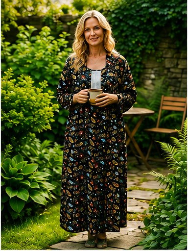 Black and gold print maxi dress carried at Amarettos