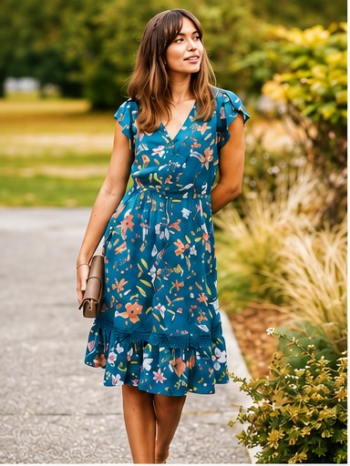 Blue floral short-sleeve dress carried at Amarettos