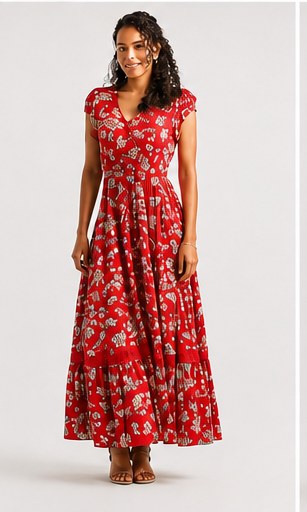 Red floral print maxi dress carried at Amarettos