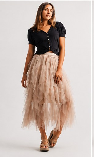 Tulle midi skirt styled with a black top, carried at Amarettos