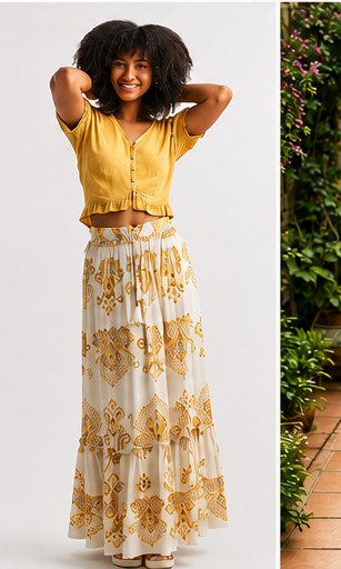 Yellow crop top and tiered maxi skirt carried at Amarettos